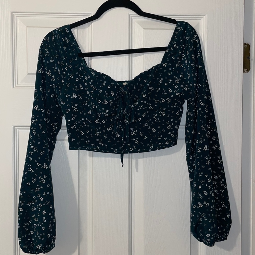 Pacsun LA Hearts Green Floral Off the Shoulder Ruched  Cropped Blouse Sz S